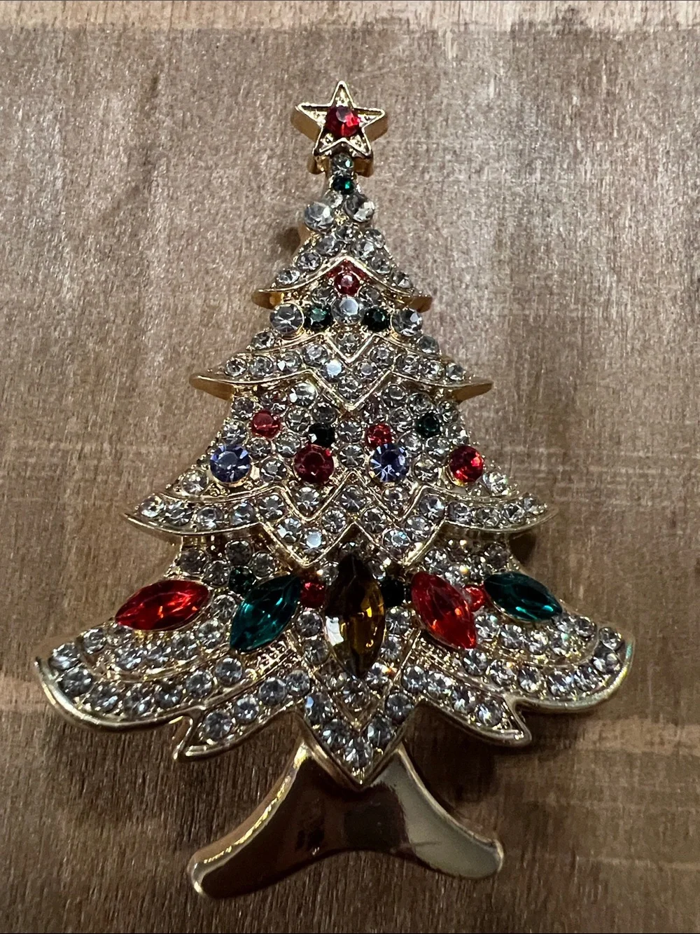 3/$18 Gold-Tone Crystal Christmas Tree Brooch with Red & Green Accents Lot 6051